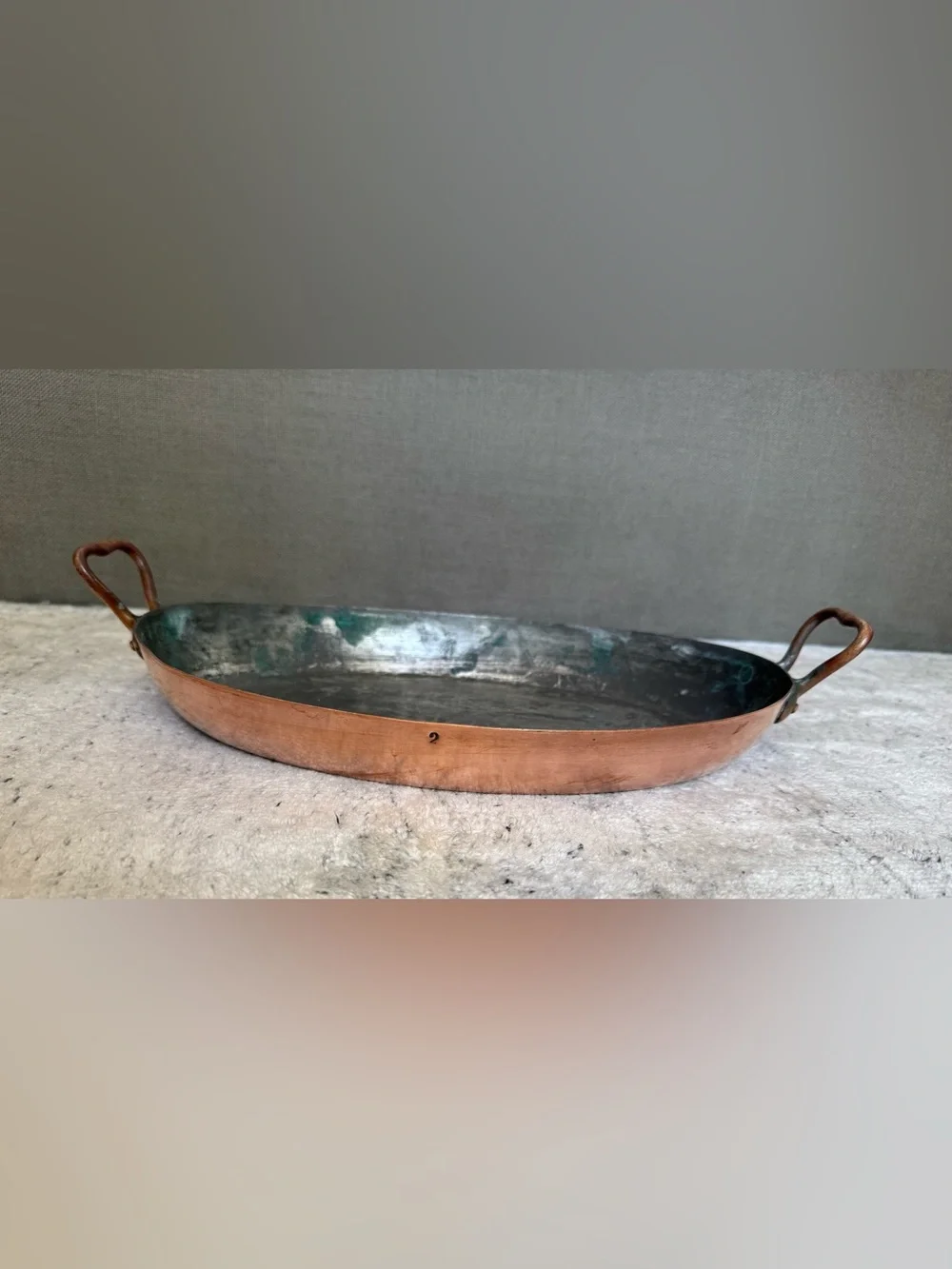 Antique French Copper With Tin Oval Roasting Pan Gratin Fish Baker 14”